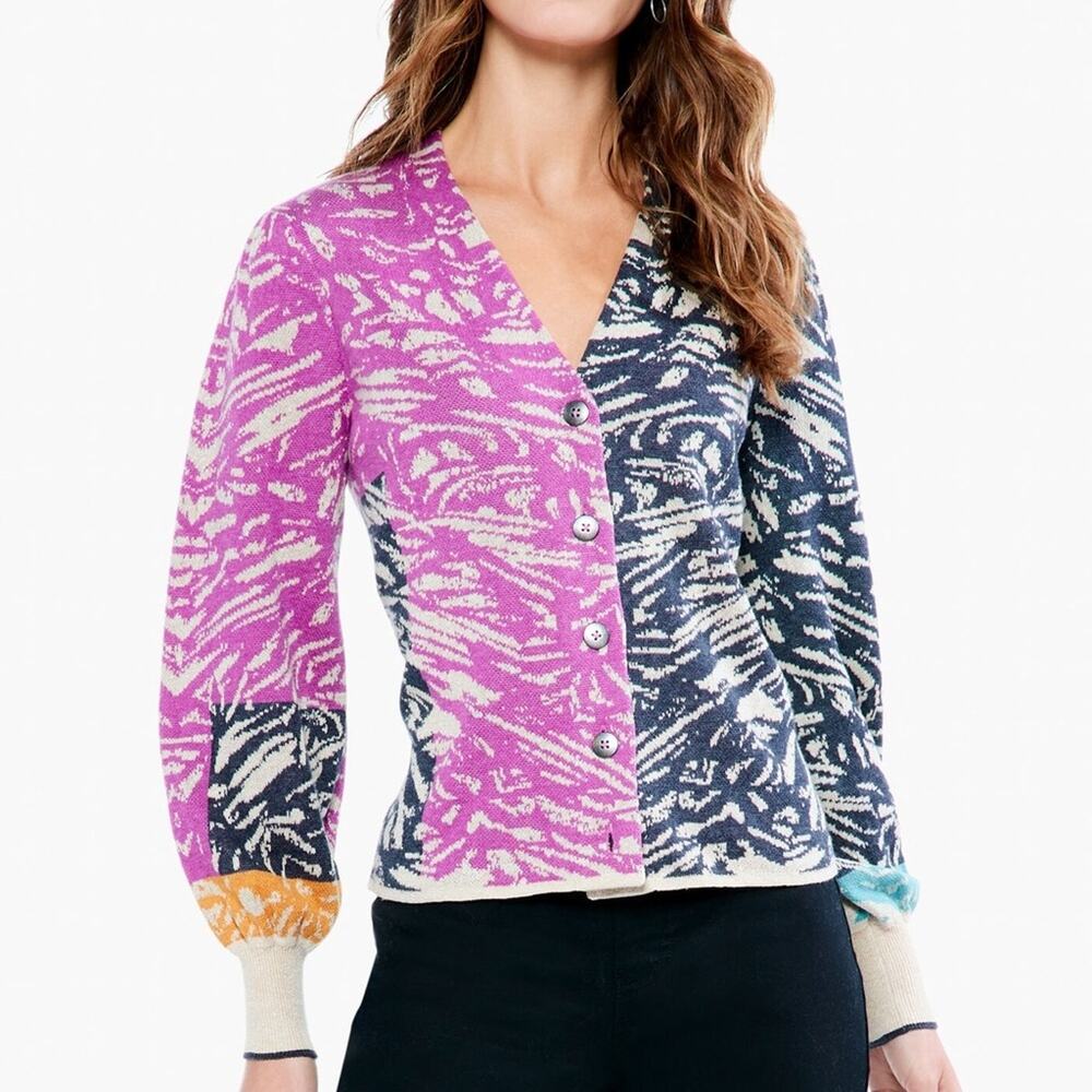 Nic + Zoe Animal Instincts Zebra Striped Sweater Button Front Cardigan Small